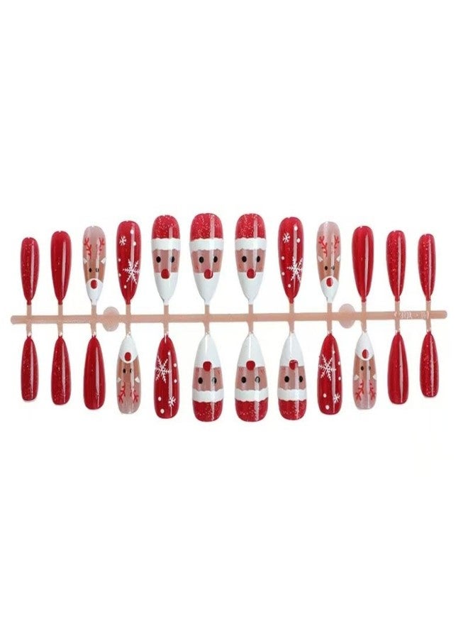 Sevgob 24Pcs Christmas Press on Nails Red Cat Eye Medium Almond Fake Nails with Santa Claus Design Elk Glue on Nail Snowflakes False Nail Press ons Reusable Christmas Nails for Women Girls Manicure - Image 5